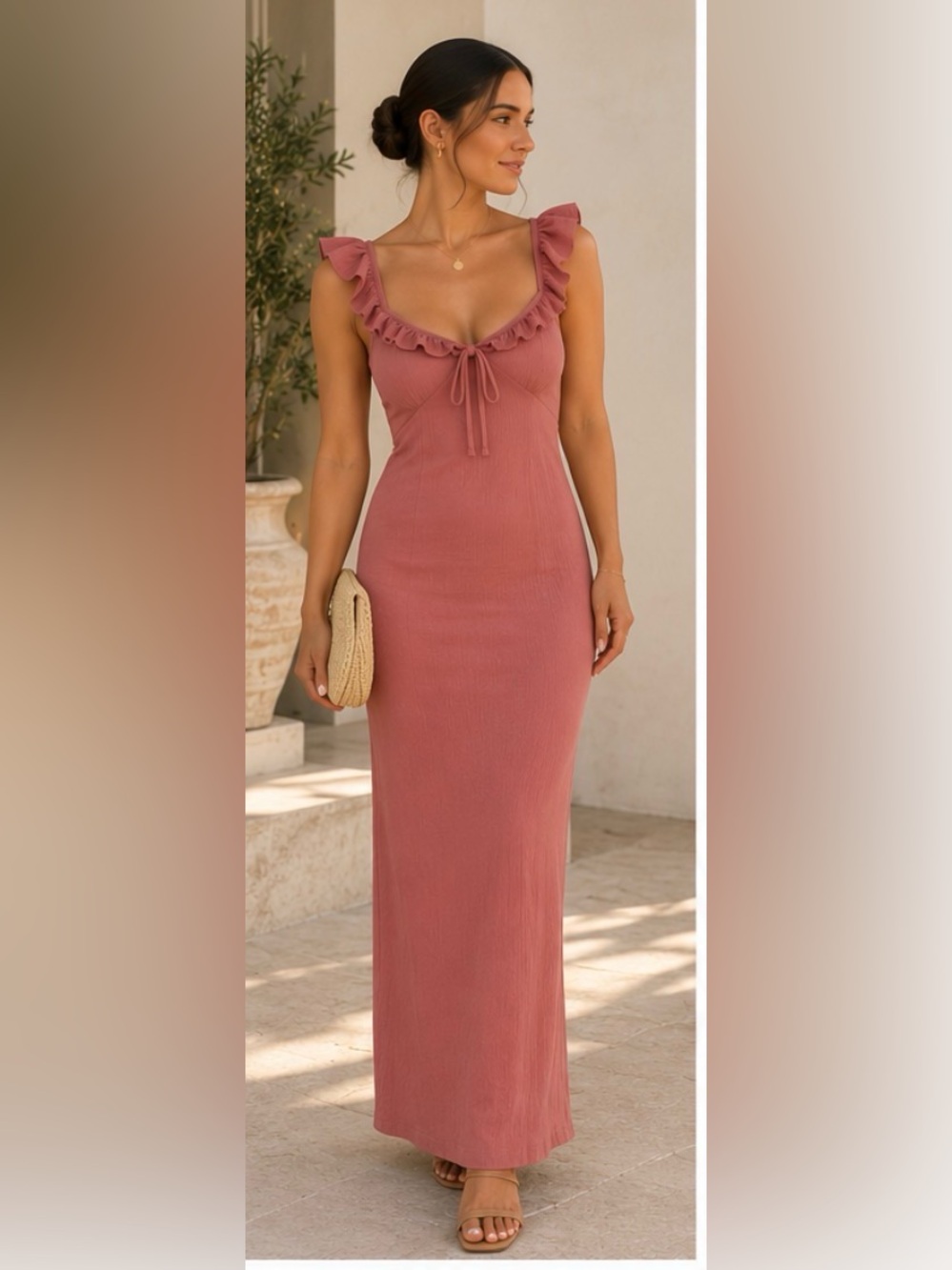 Monteau Dusty Rose Ruffle Tie-Neck Maxi Dress